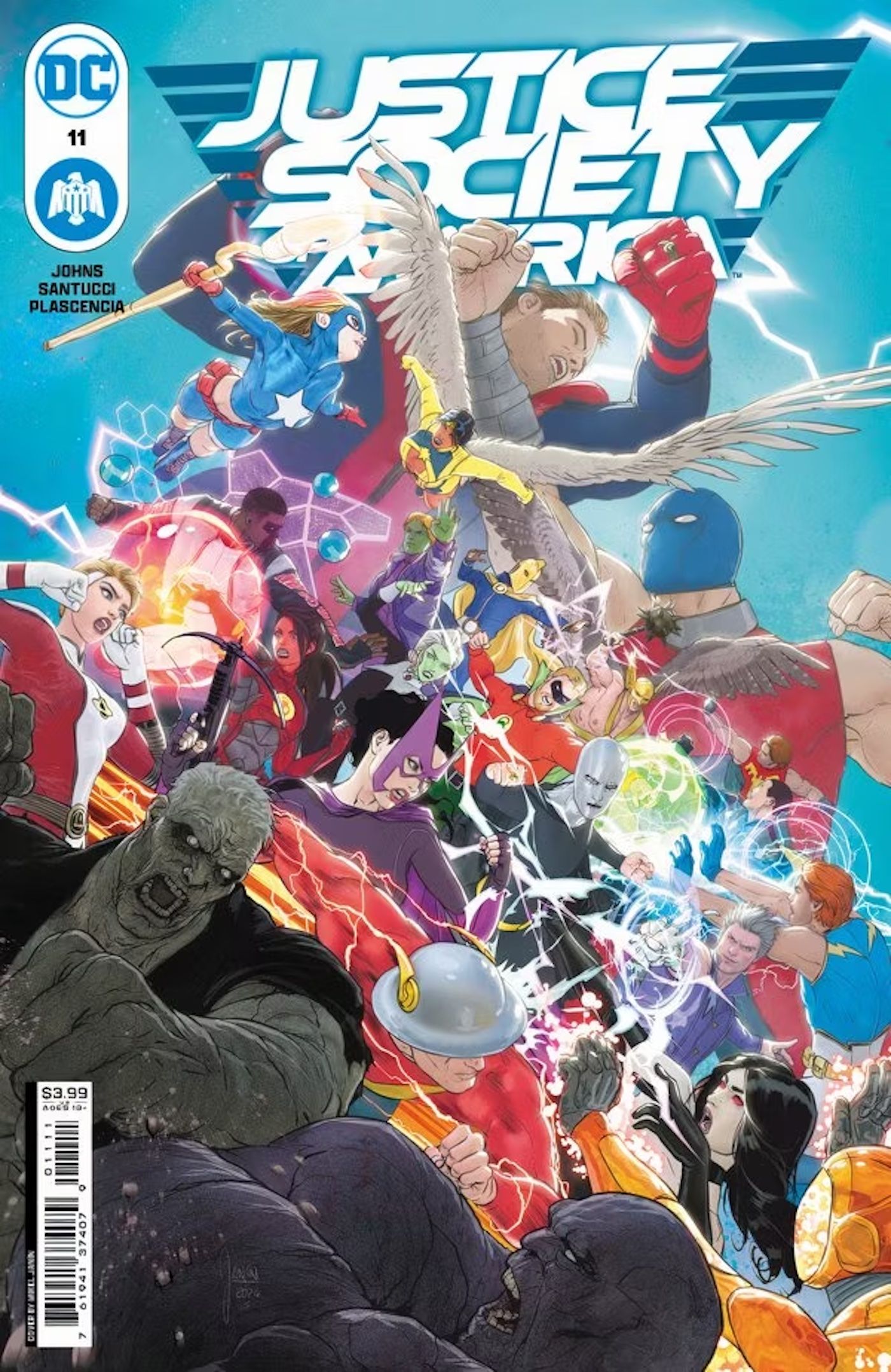 Capa principal da revista Justice Society of America 11: a JSA luta contra os principais vilões da DC.