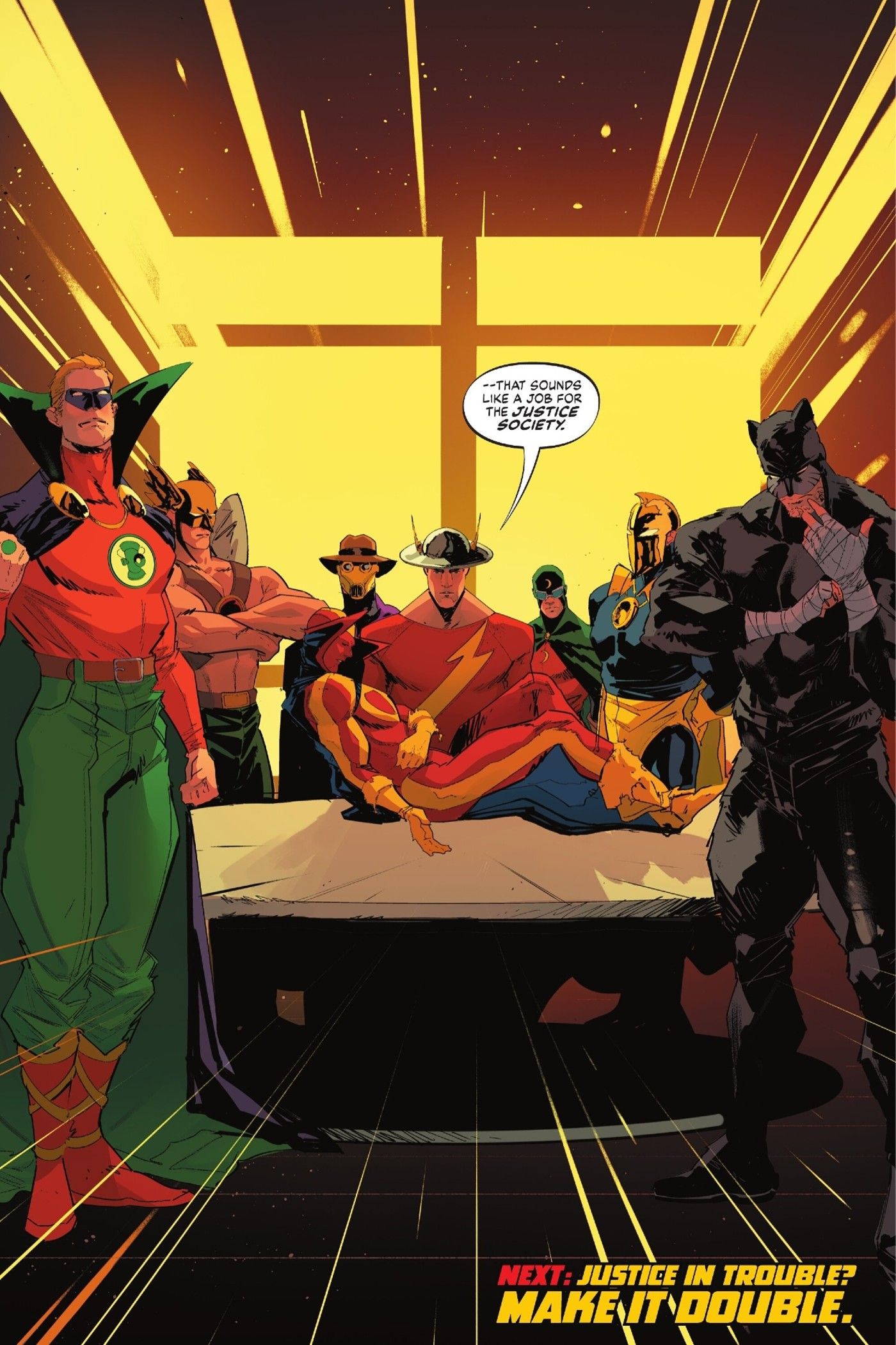 Página de quadrinhos: Jay Garrick The Flash segura Red Tornado em seus braços ao lado de Alan Scott, o Lanterna Verde Hawkman Doctor Fate e outros heróis da SJA.