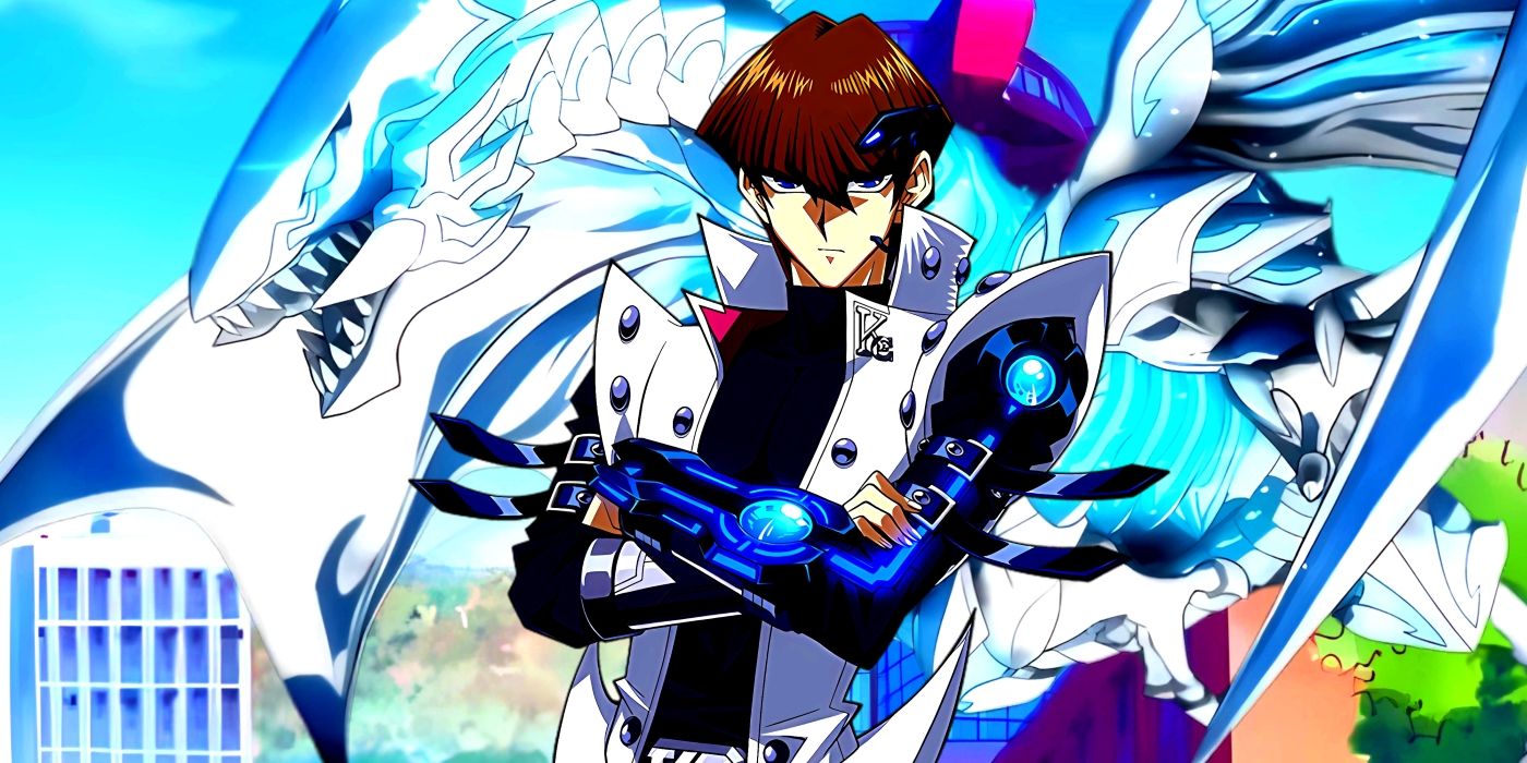 Kaiba standing with his arms crossed while his Blue-Eyes flies behind him. The Kaiba Corp. Building can be seen behind them.
