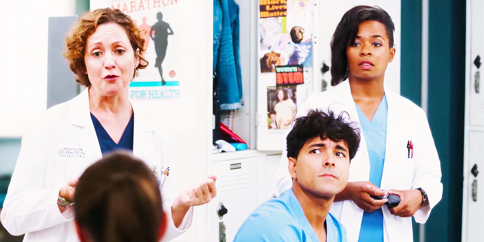 Kali Rocha como Sydney Heron, Niko Terho como Lucas Adams e Alexis Floyd como Simone Griffiths no trailer da 21ª temporada de Grey's Anatomy