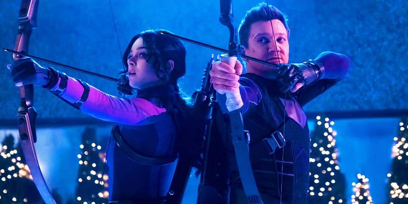 Kate Bishop and Clint Barton shooting arrows together in Hawkeye