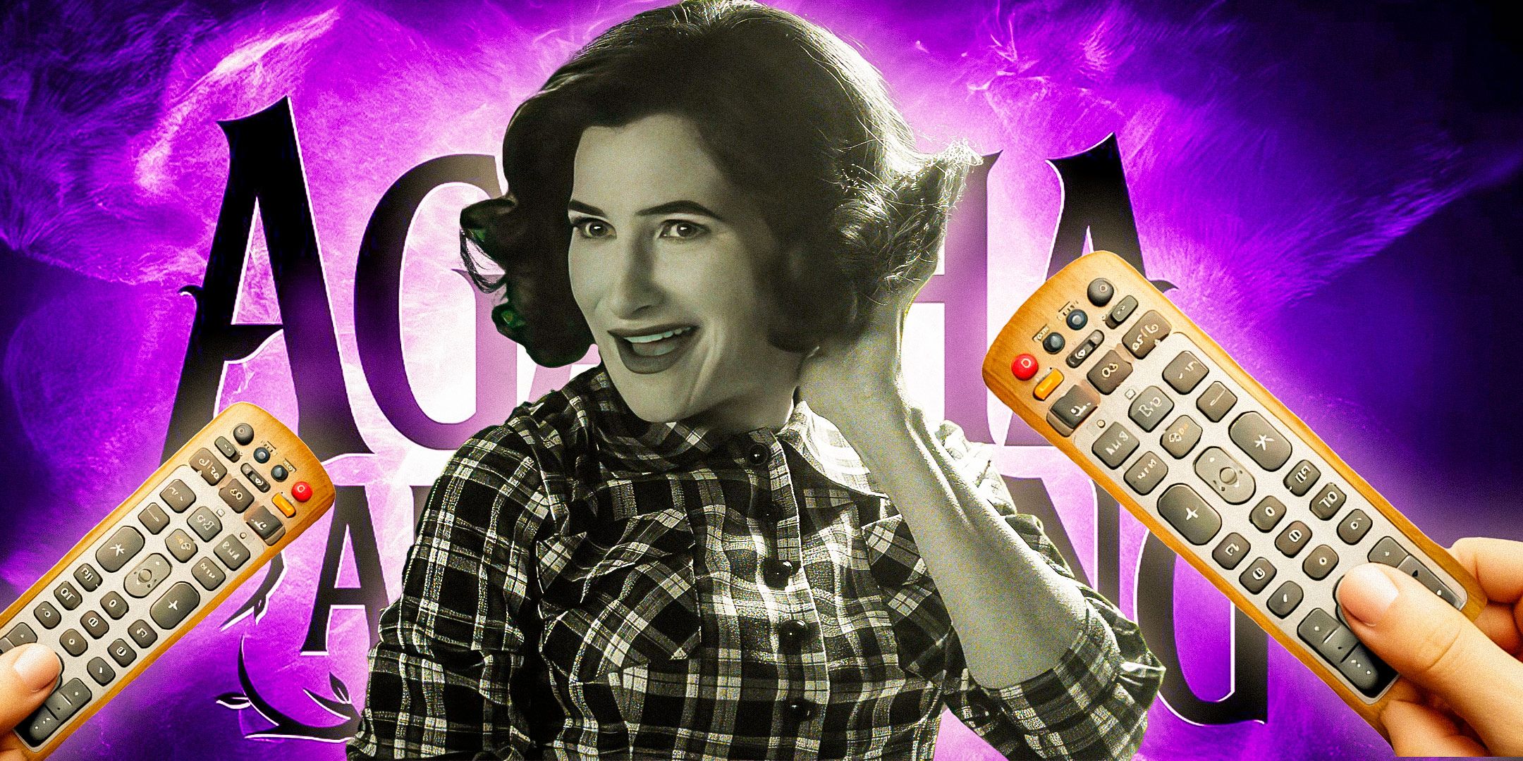 Kathryn Hahn As 50s Agatha Harkness Hamming It Up In Front Of Agatha All Along Logo And TV Remotes