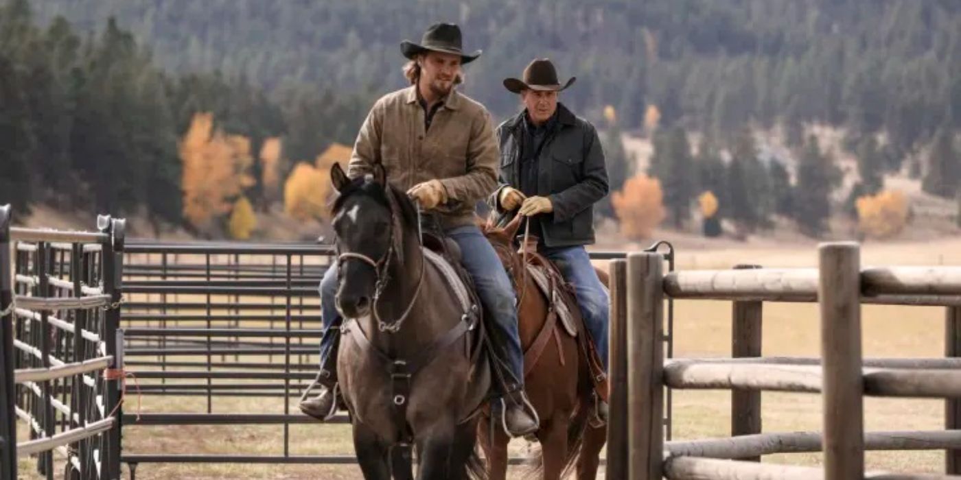 Kayce (Luke Grimes) and John (Kevin Costner) riding horses together in Yellowstone.