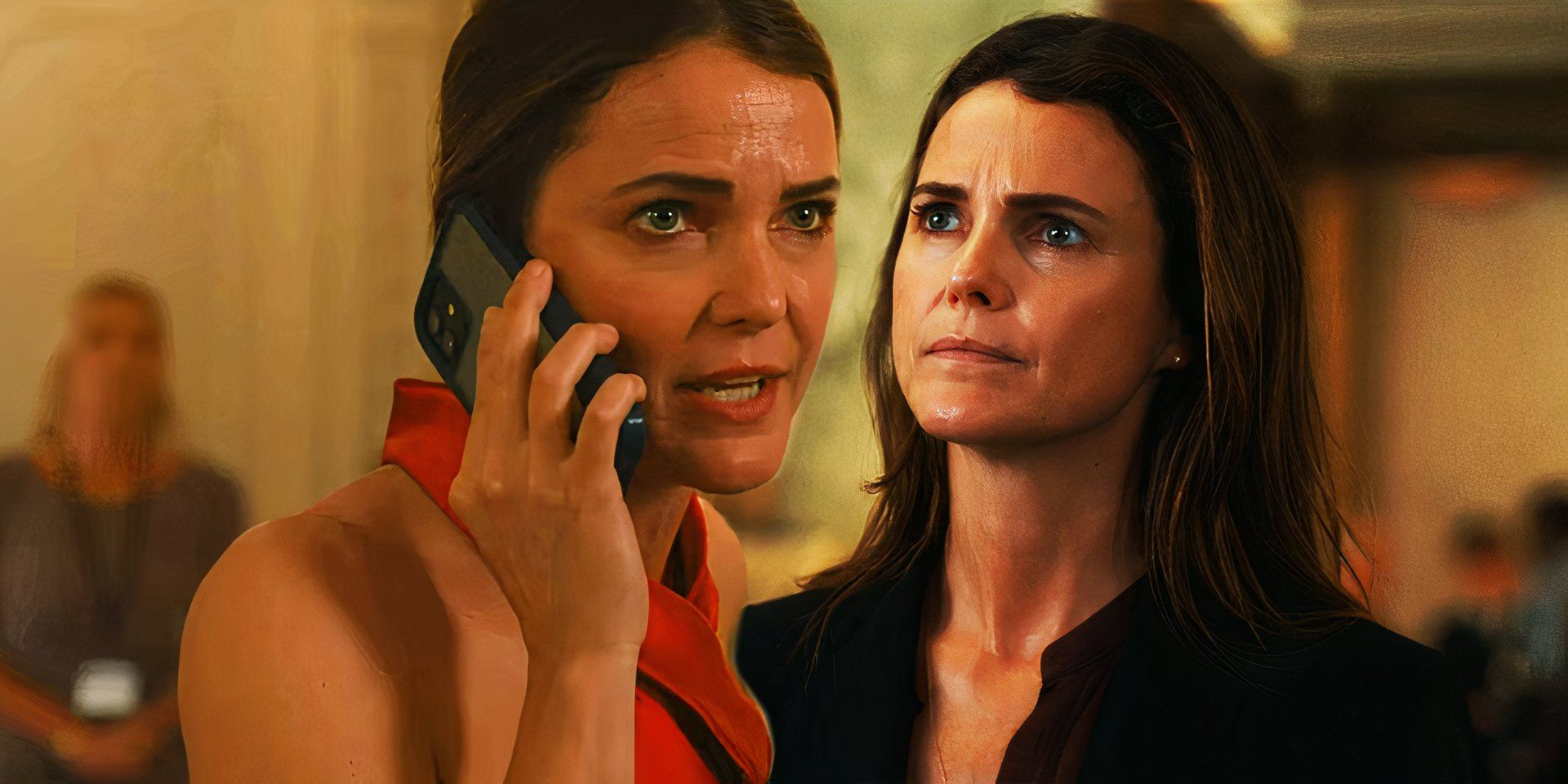 Keri Russell as Kate Wyler speaking on the phone next to Kate looking regretful in The Diplomat