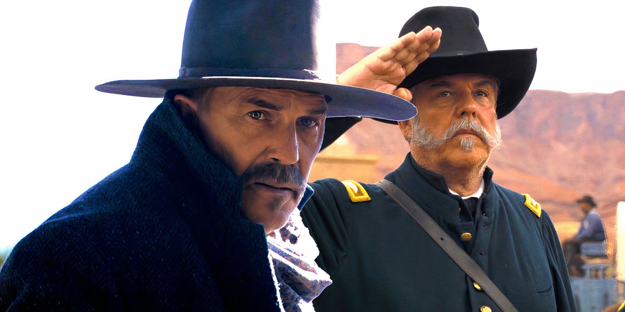 Kevin Costner as Ellison looking worried next to Danny Huston as Col. Albert Houghton saluting in Horizon An American Saga Chapter 1