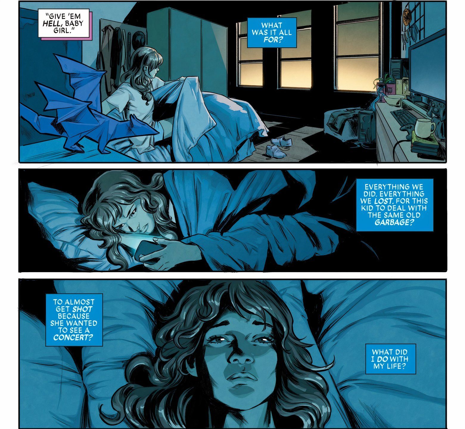 Kitty Pryde se revira inquieta na cama. Um Lockheed de origami está em sua cômoda. 