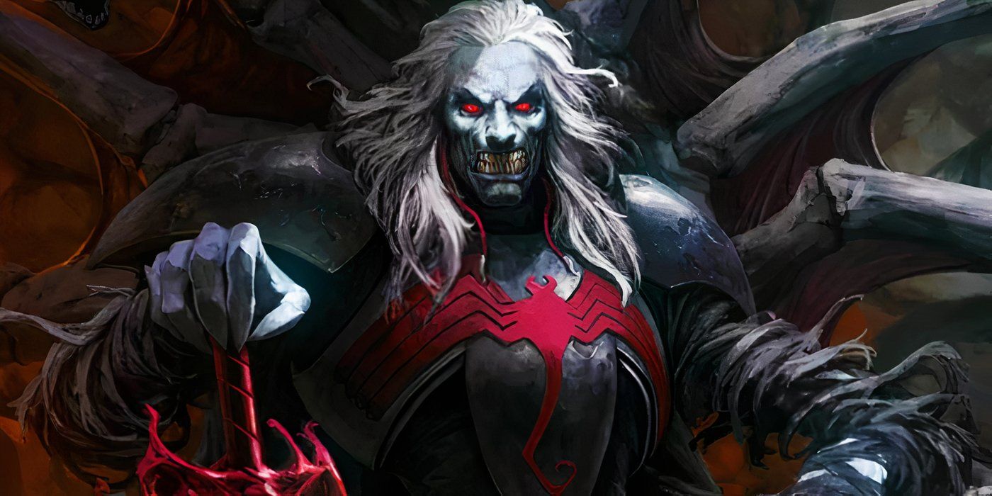 Comic book art: Knull sat with All-Black in Marvel Comics.