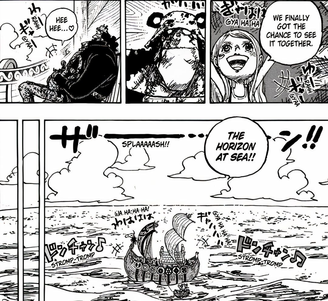 kuma smiles in one piece as he and bonney celebrate being able to see the horizon at last