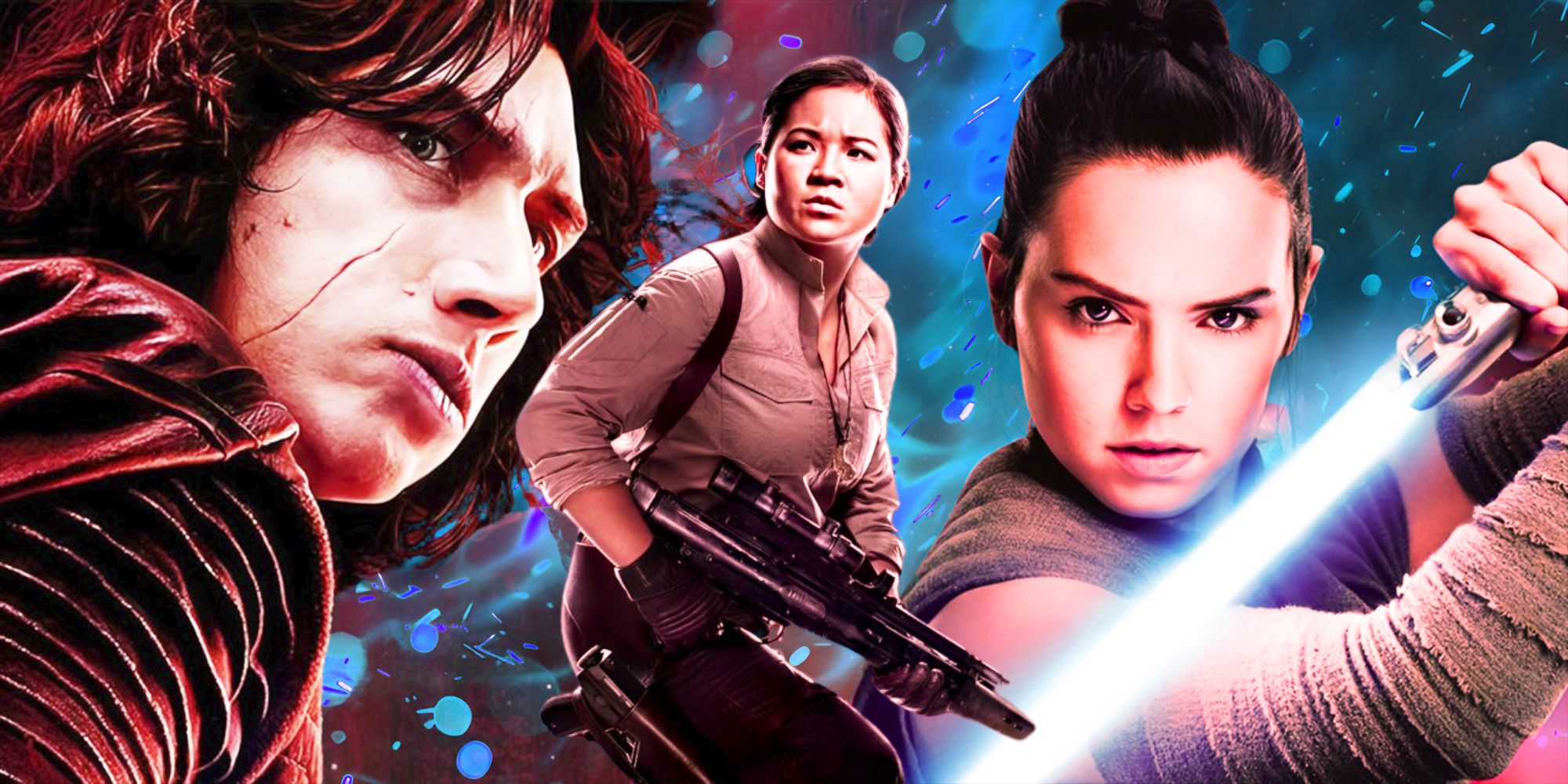 Kylo Ren to the left looking serious, Rose Tico in the middle holding a gun, and Rey wielding a lightsaber, all from the Star Wars sequel trilogy