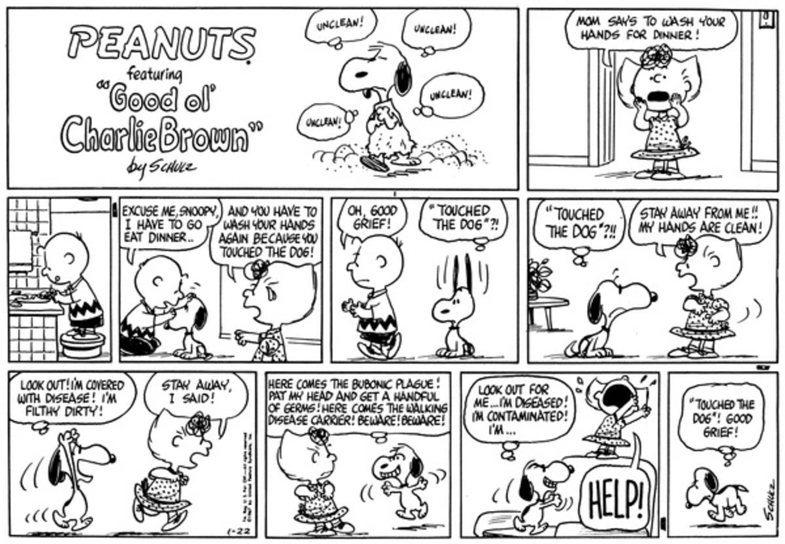 Snoopy persegue Sally depois que ela diz que ele é impuro.