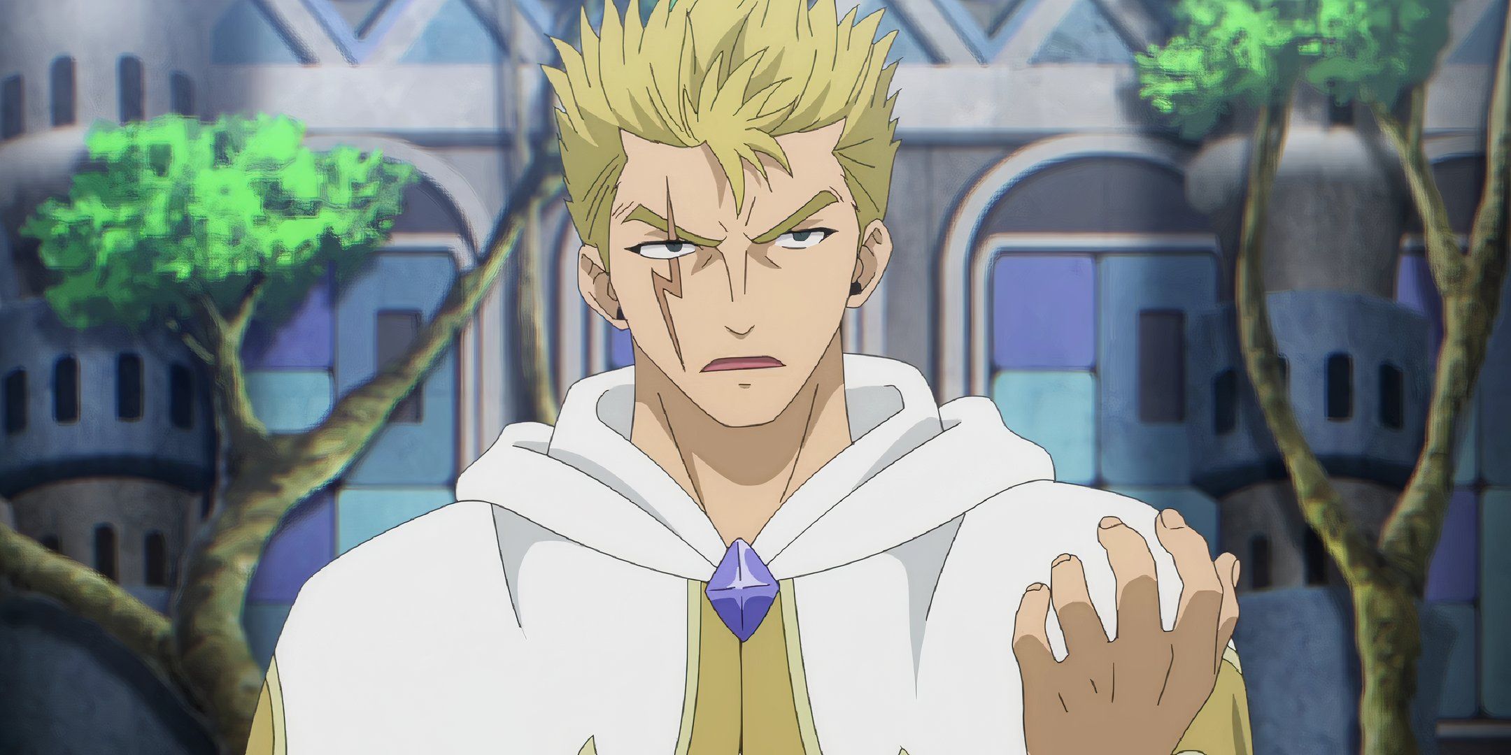 Laxus vestido con ropa blanca con una cola legendaria buscando desde hace 100 años