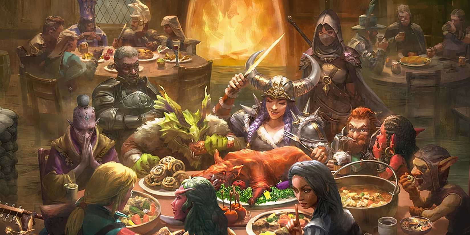 A party of various D&D species eating a large feast celebrating in a tavern.