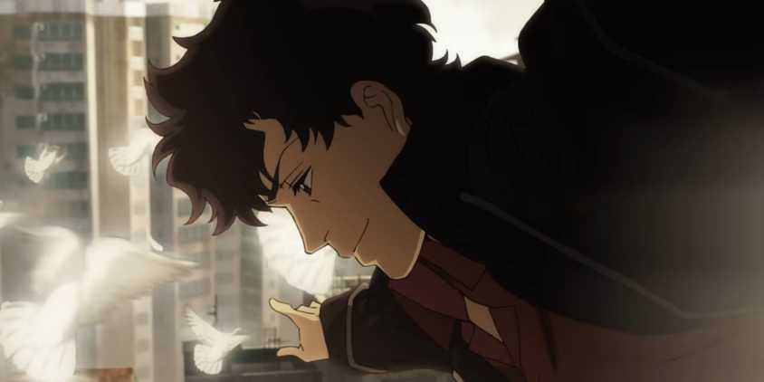 Axel smiling as he falls through the sky with birds around him in Lazarus