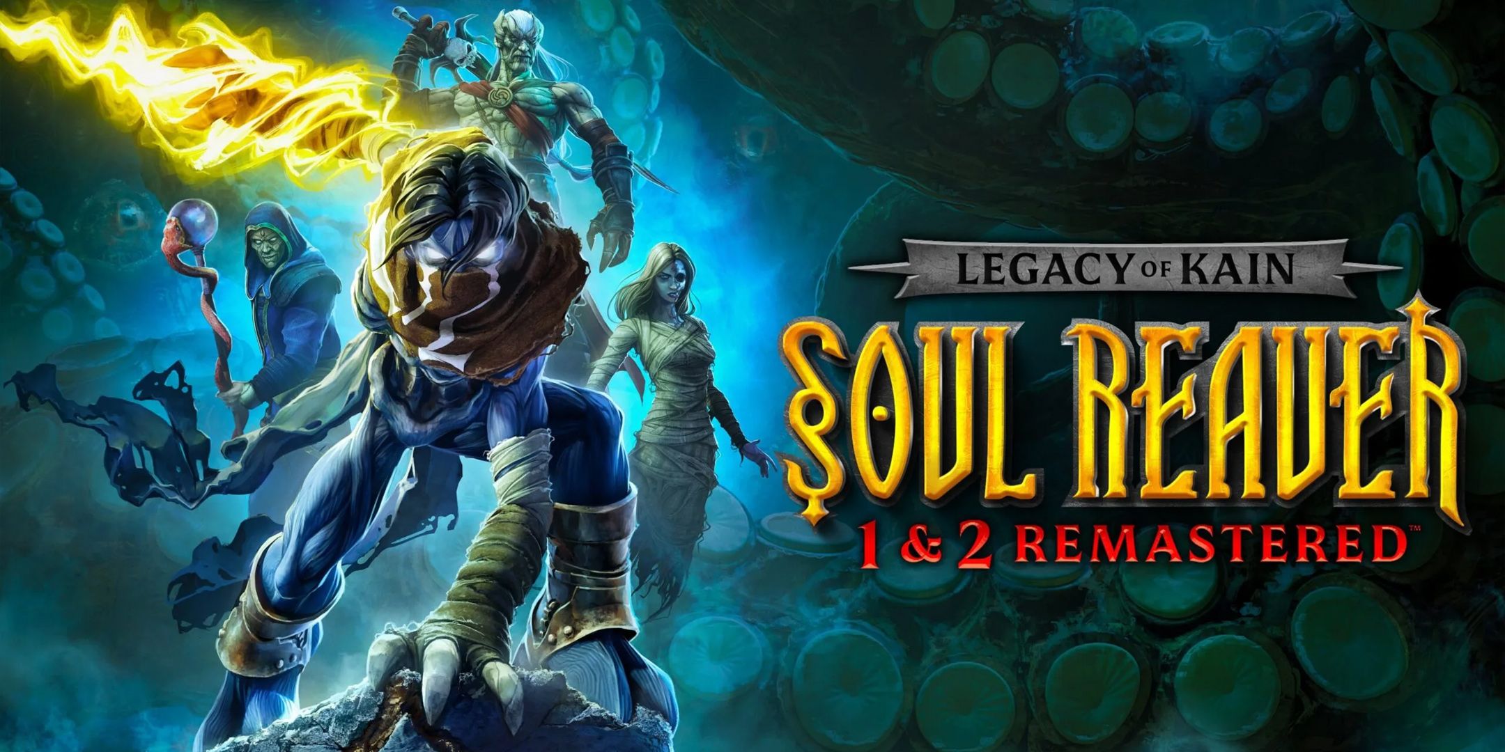 Arte remasterizado de Legacy of Cain Soul Reaver que muestra el personaje Raziel y el logotipo del juego.