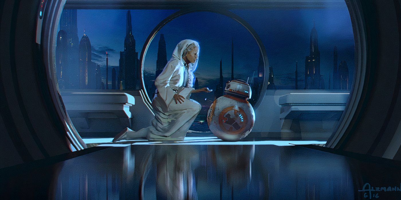 Leia Organa kneels in front of BB-8 in concept art for Colin Trevorrow's Star Wars: Episode IX - Duel of the Fates.