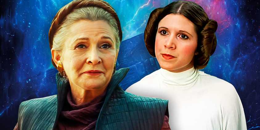 Carrie Fisher as Princess Leia Organa in the sequel trilogy smiling slightly to the left and looking serious in A New Hope to the right