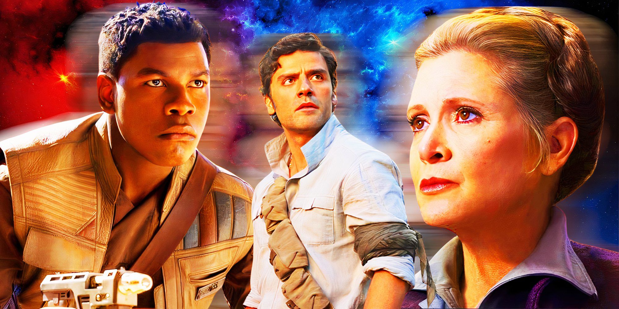 Finn (John Boyega), Poe Dameron (Oscar Isaac), and Leia Organa (Carrie Fisher), three leaders of the Resistance in the Star Wars sequel trilogy