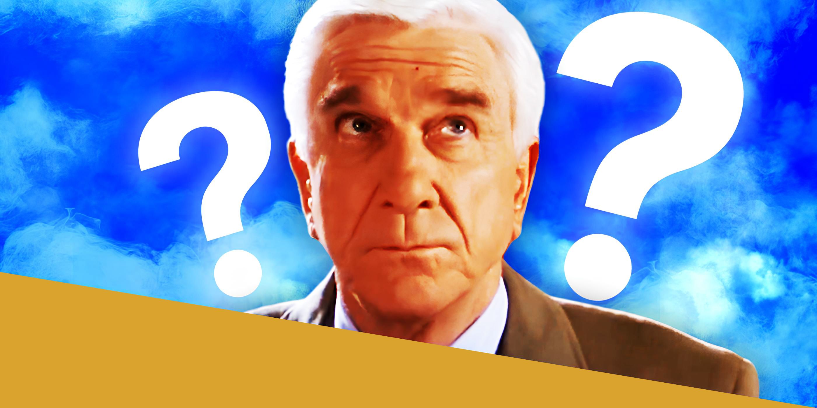 Leslie Nielsen em Naked Gun ao lado de pontos de interrogação