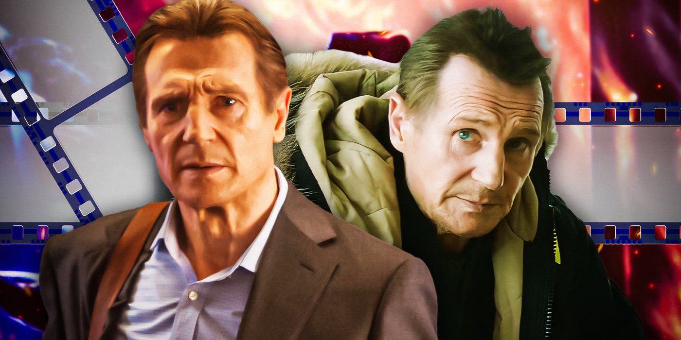 Liam Neeson in Cold Pursuit in front of film reels