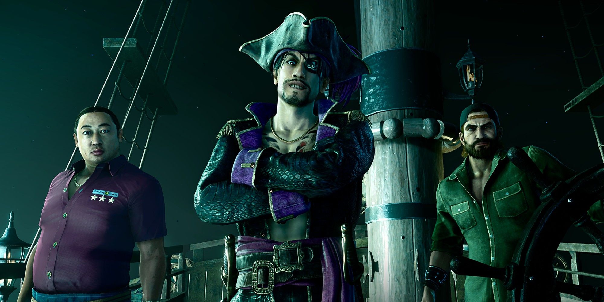 Like a Dragon: Pirate Yakuza in Hawaii: a screenshot of three pirates in the dark with arms folded, looking menacing.