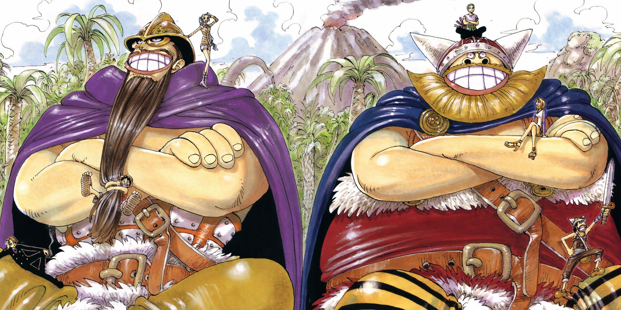 O mangá colorido One Piece duplo do arco Little Garden mostra os gigantes Brogy e Dorry sentados um ao lado do outro enquanto os membros da tripulação do chapéu de palha Luffy, Zoro, usopp, Sanji e Nami estão posicionados em todos os gigantes.