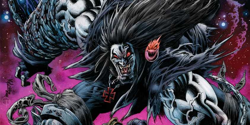 Comic book art: Lobo grins and crouches in space.
