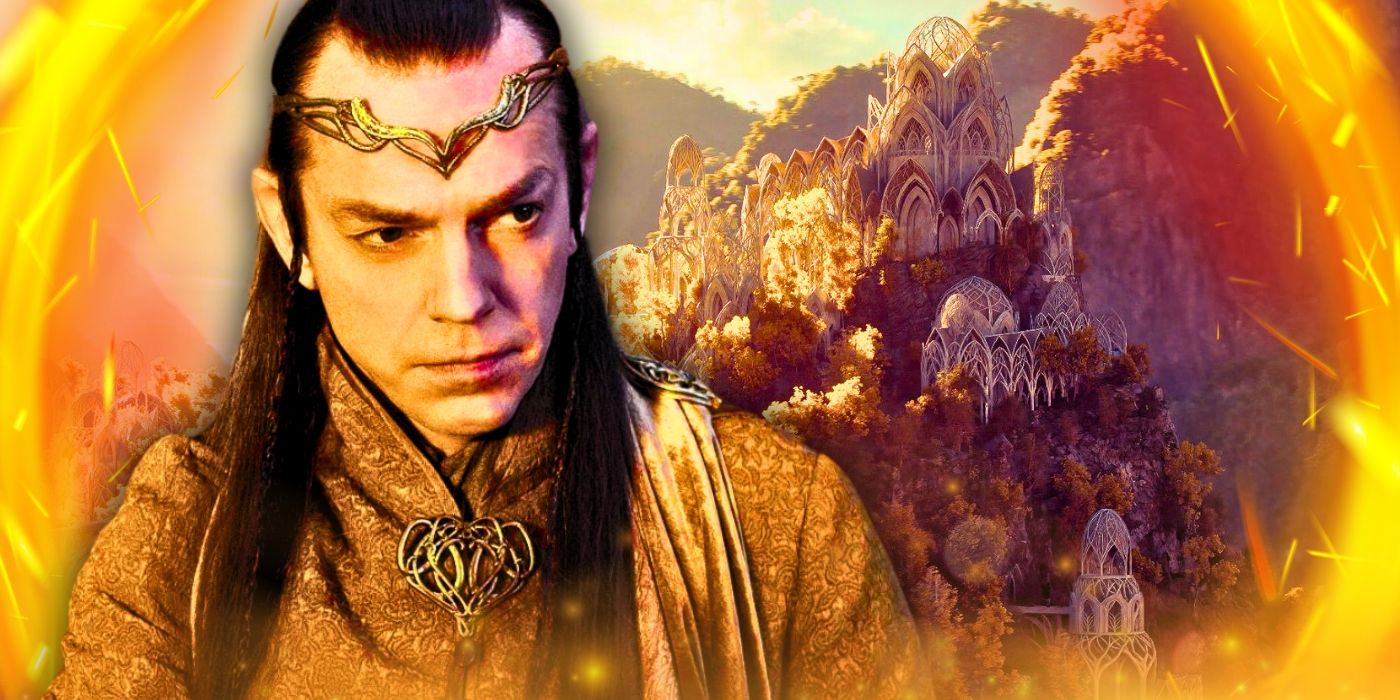 Hugo Weaving as Elrond in The Lord of the Rings with Rivendell in the background