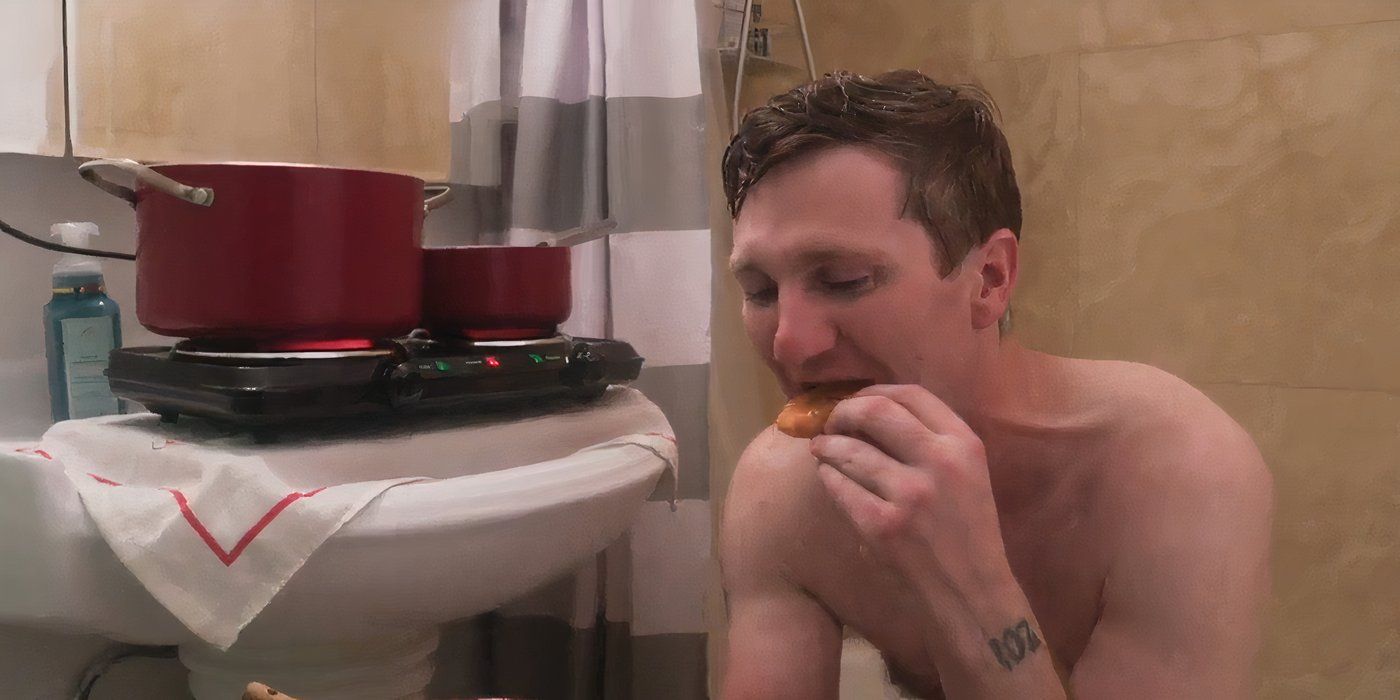 Loren Allen in 90 Day Fiance eating shrimp in the bathroom