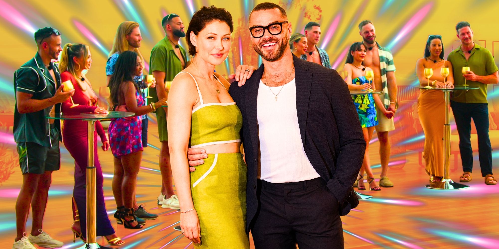 Love Is Blind UK hosts with all couples cast standing at tables behind them and multicolored background