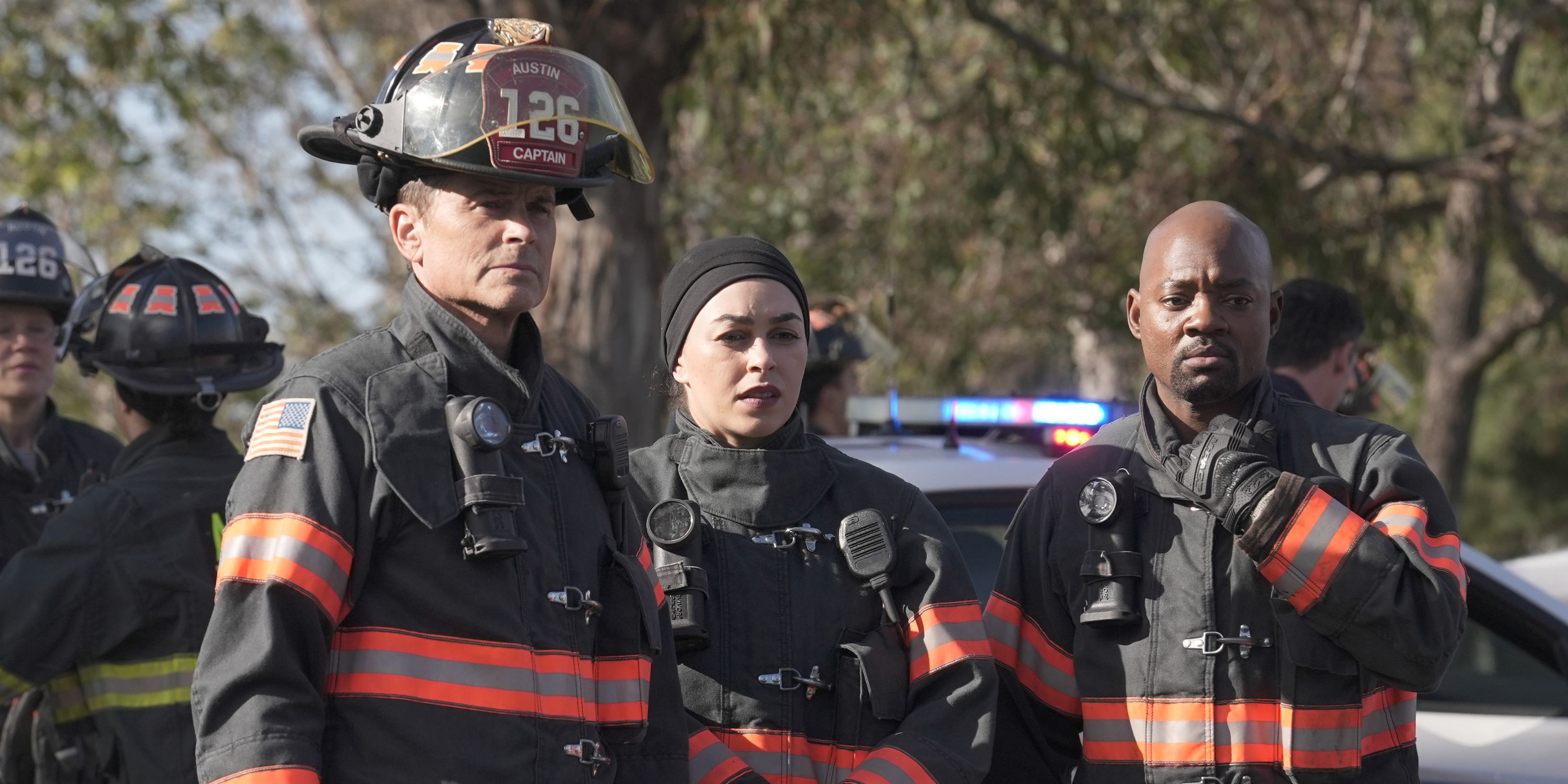 Owen, Marjan, and Paul standing outside in their uniforms in 9-1-1: Lone Star season 5, episode 1