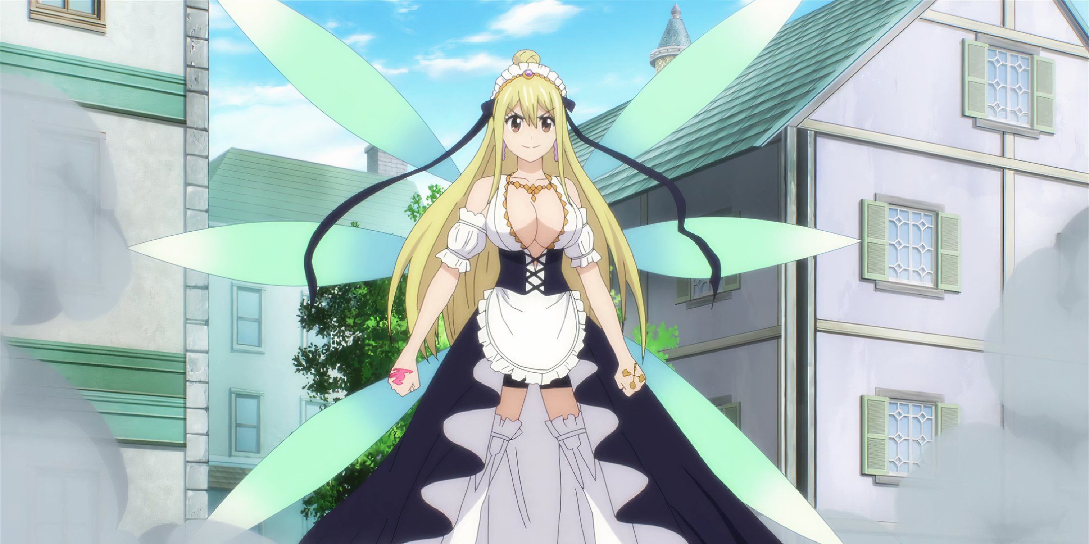 Lucy totalmente transformada em seu vestido de estrela mista em Fairy Tail 100 Years Quest