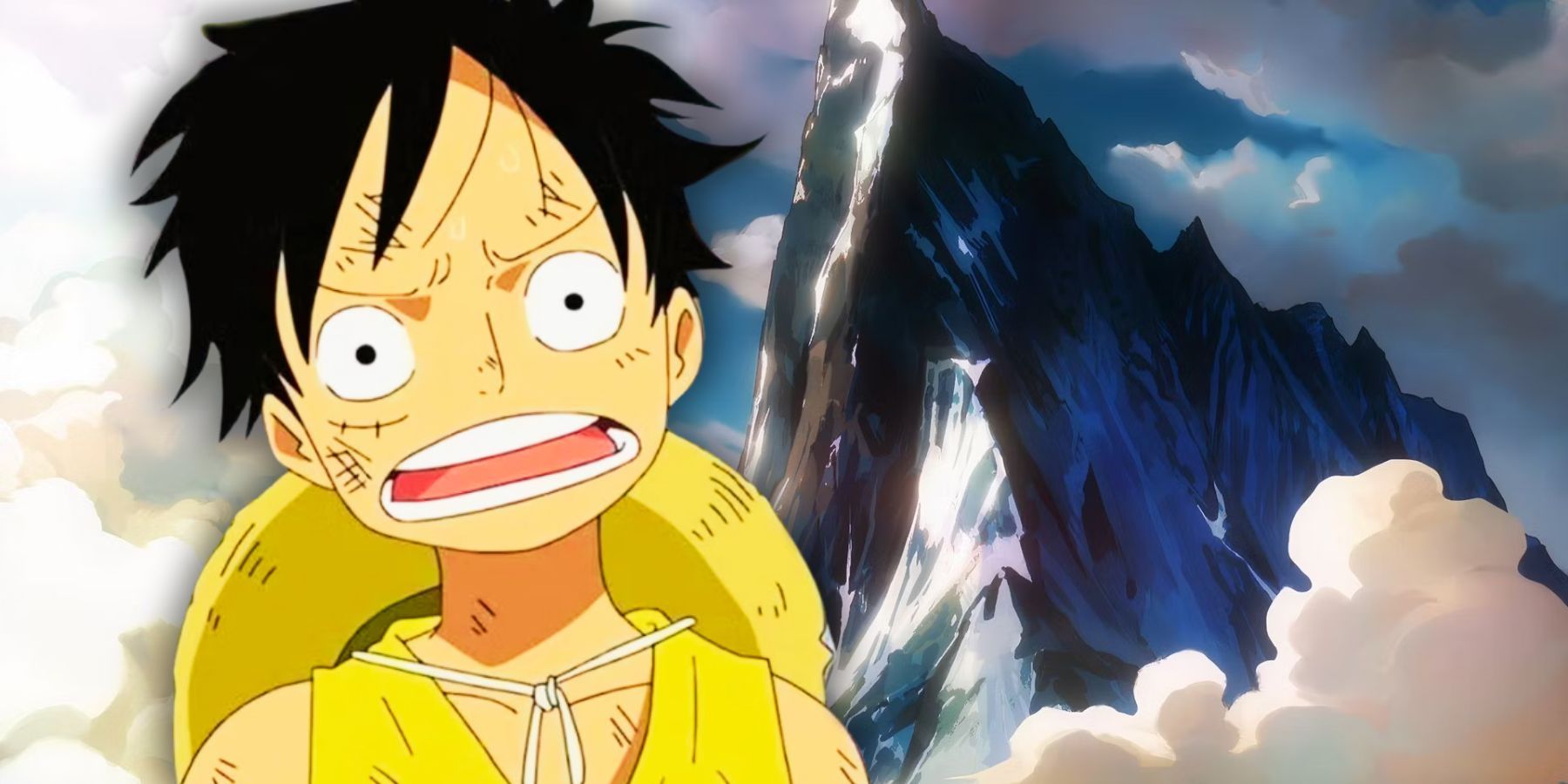 Luffy confused with a mountain of Elbaf behind him