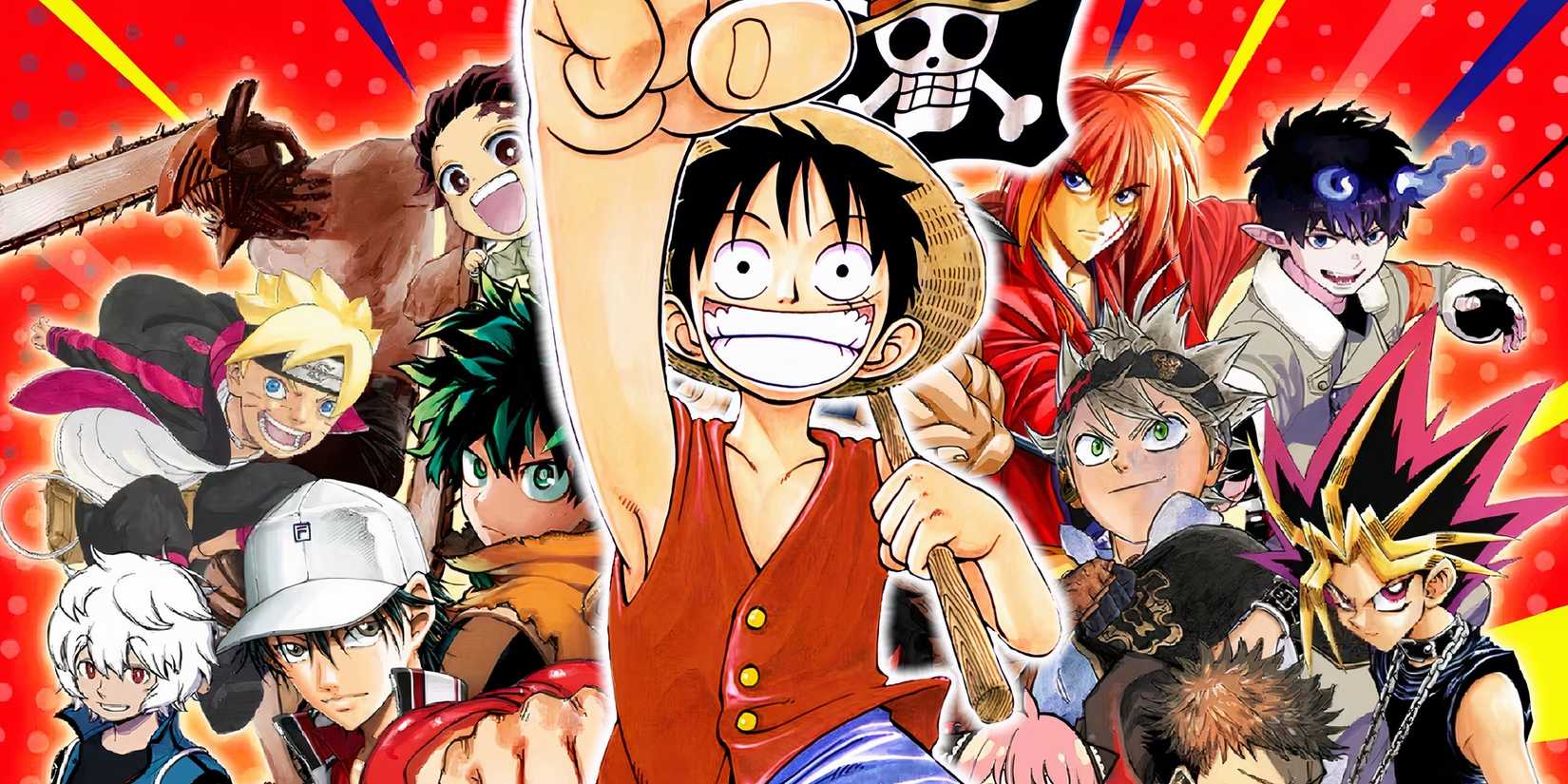 Luffy from one piece marching forward smiling with his fist in his air with a collage of shonen jump characters in the background