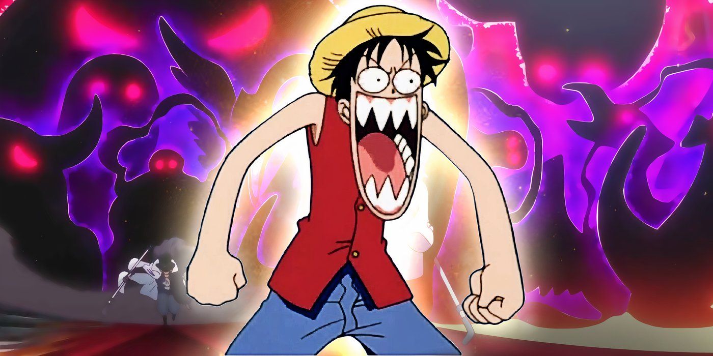 Luffy looking shocked in one piece with pointy teeth with the silhouettes of the five elders and imu in the background