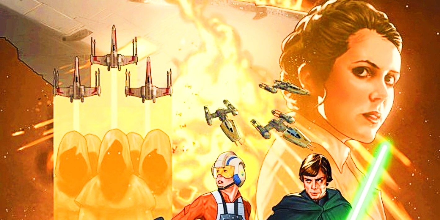 Luke and an X-Wing pilot in front of an exploding Star Destroyer, as Leia&rsquo;s image looms over them