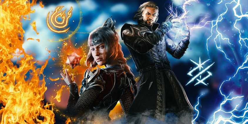 Shadowheart and Gale from Baldur's Gate 3 casting magic with fire and lightning.