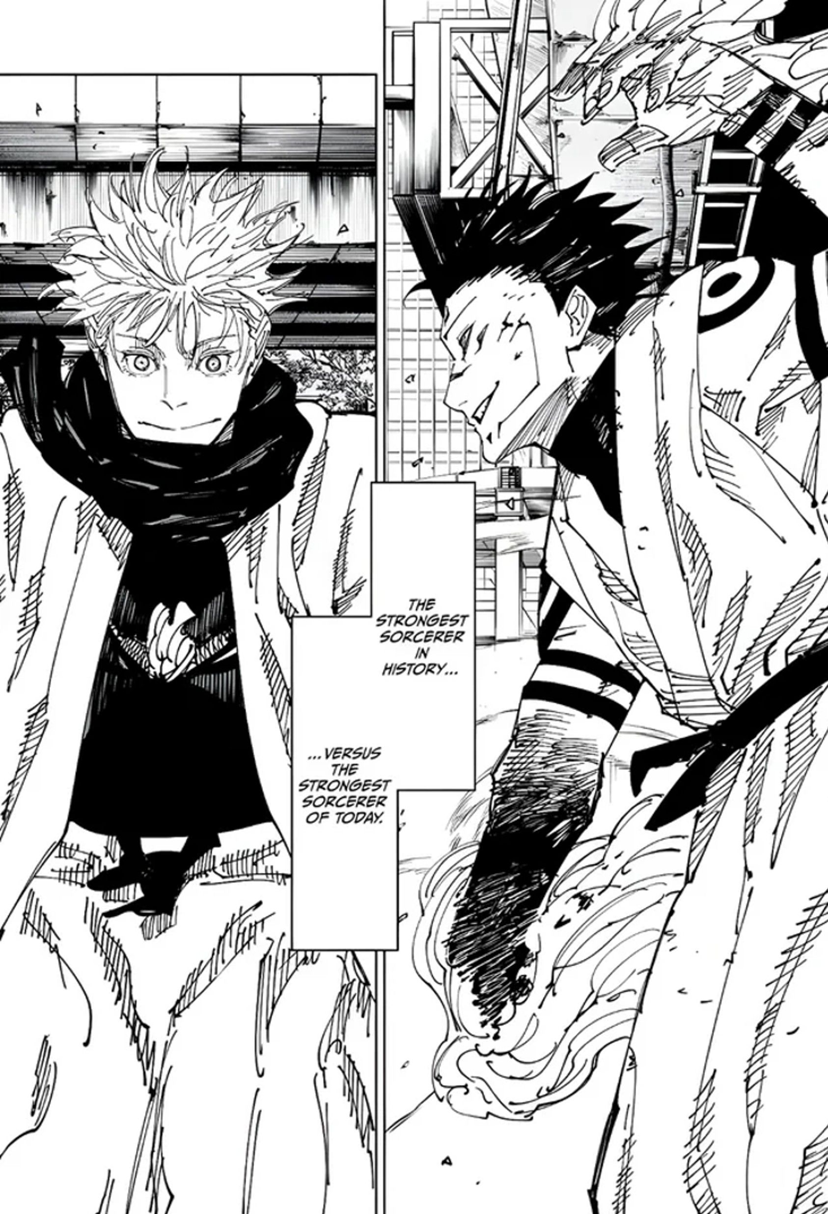 manga panel of Gojo and Sukuna getting ready to fight