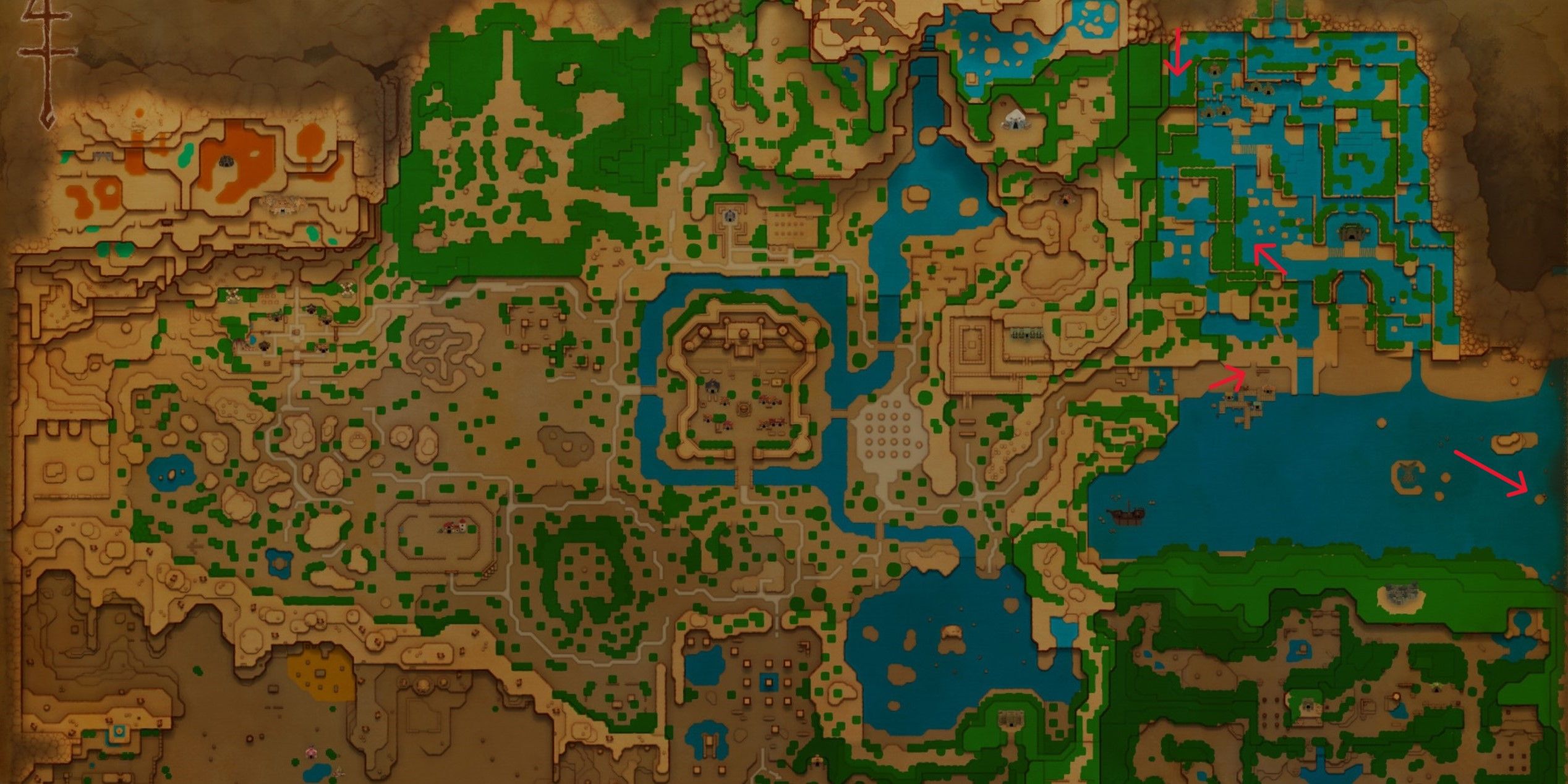 Mapa de Legend of Zelda Echoes of Wisdom com os selos das águas de Jabul marcados