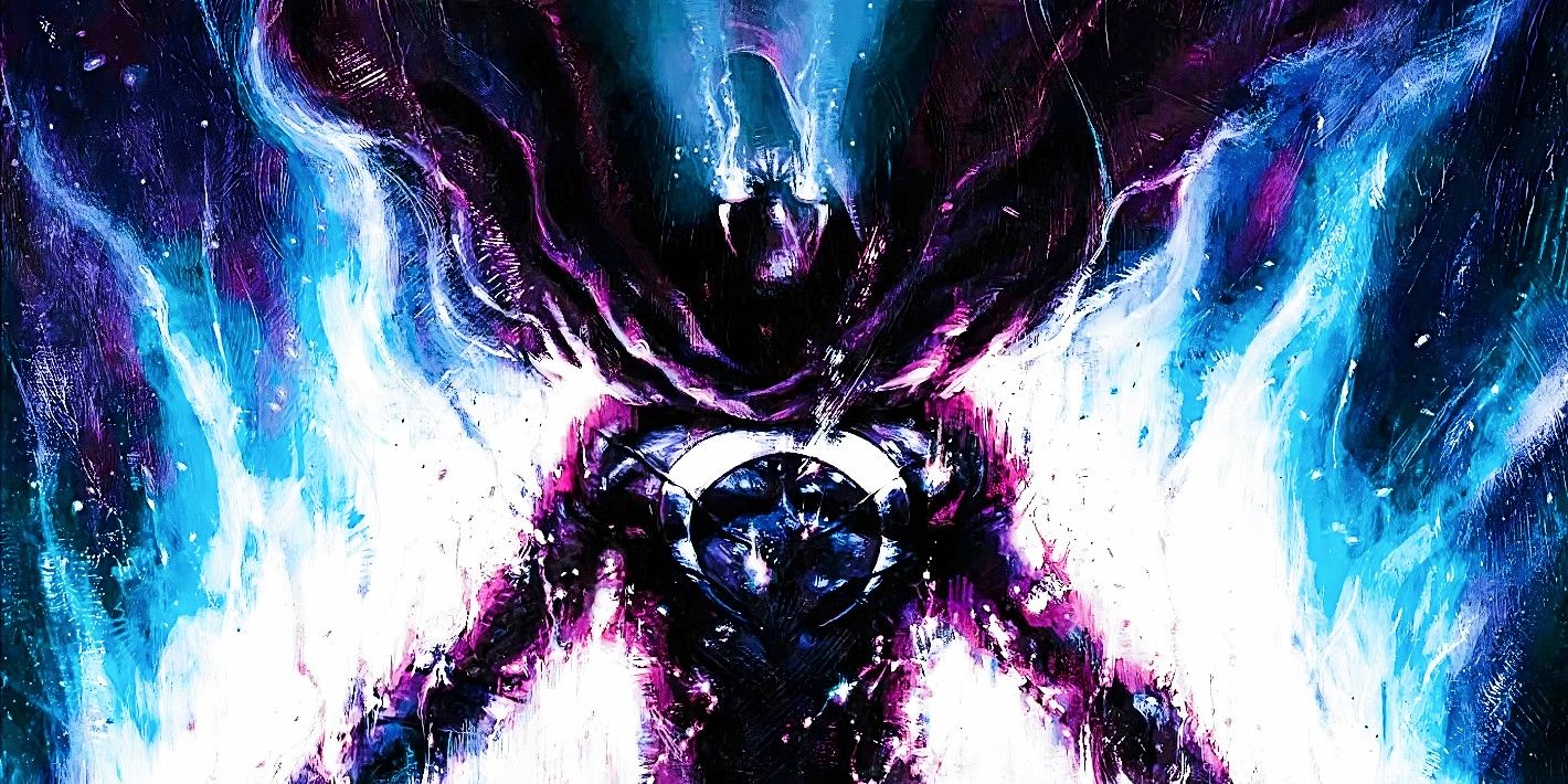 Marc Spector, as Moon Knight, glows purple and blue with the energy of the god Khonshu