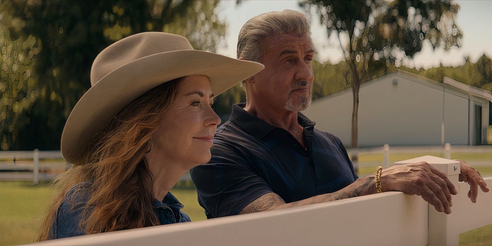 Margaret Devereaux (Dana Delany) next to Dwight Manfredi (Sylvester Stallone) in Tulsa King season 1