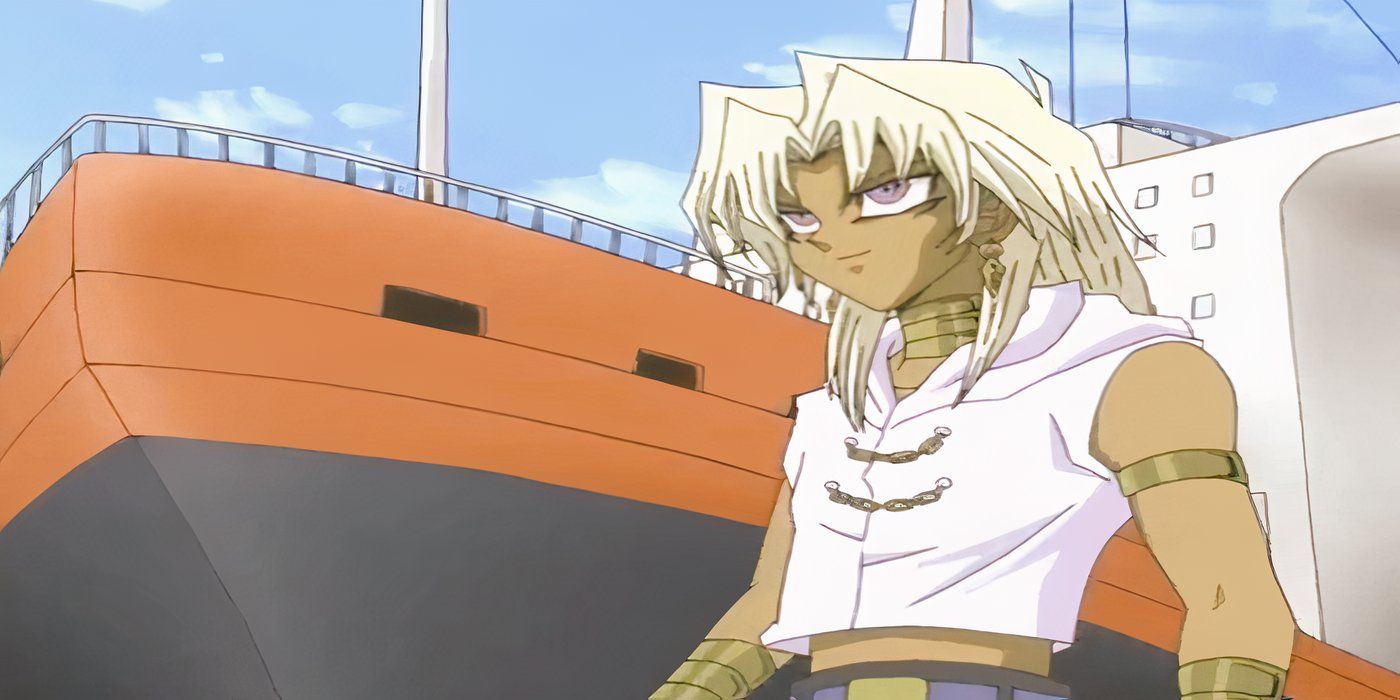 Marik Ishtar sorrindo na frente de um grande navio em Yu-Gi-Oh!