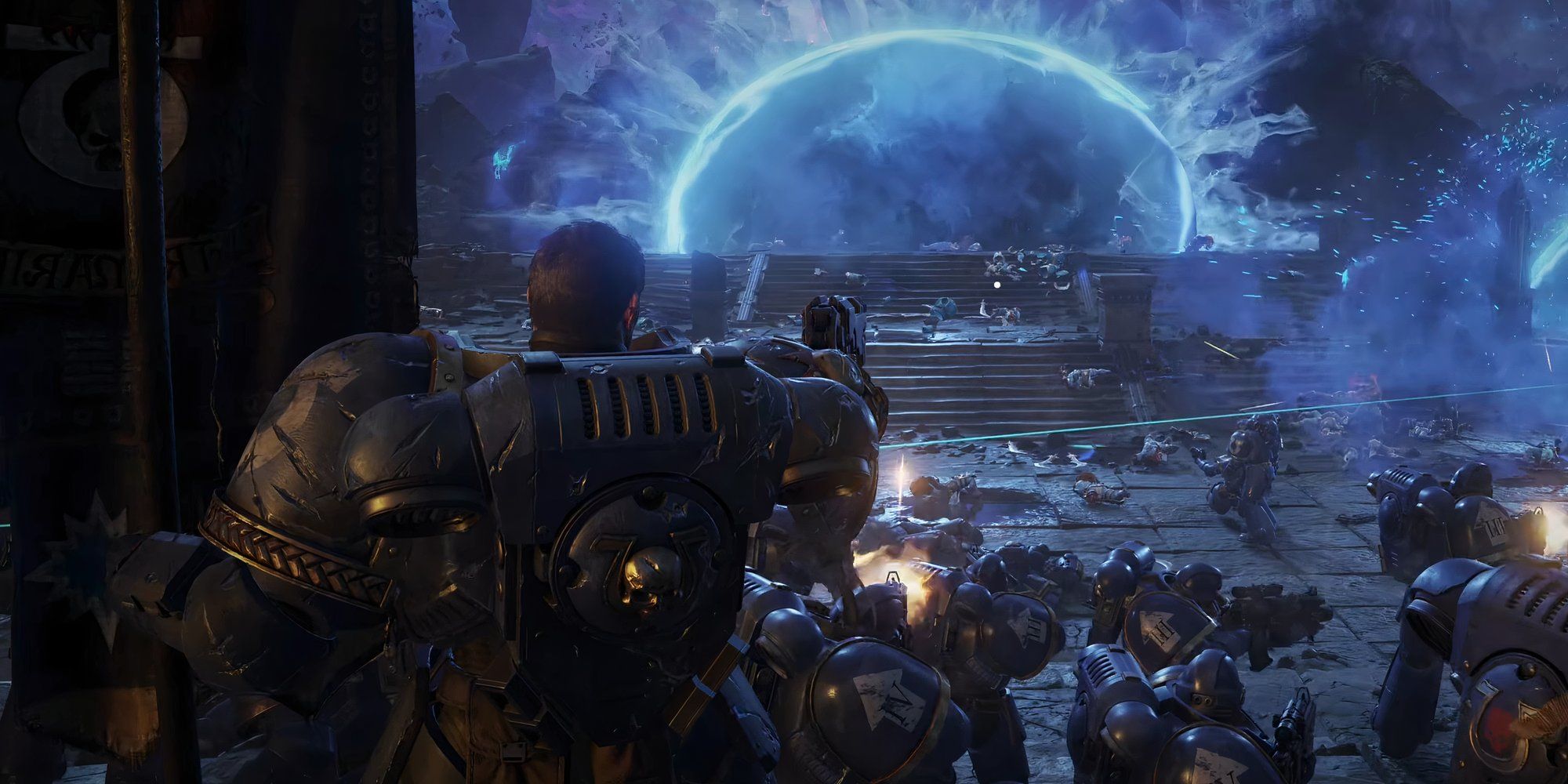 Marine Titus Holding Off A Horde of Chaos Marines Alongside His Men In Warhammer 40k Space Marine 2