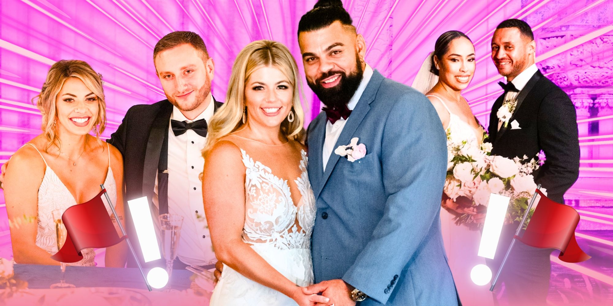 Montage of three Married At First Sight Season 18 couples smiling in wedding attire, amid red flags.