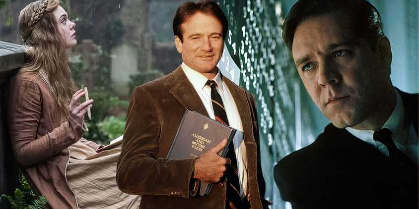 Collage of Mary Shelley looking up in Mary Shelley, John Keating smiling in Dead Poets Society, and John Nash looking concerned in A Beautiful Mind