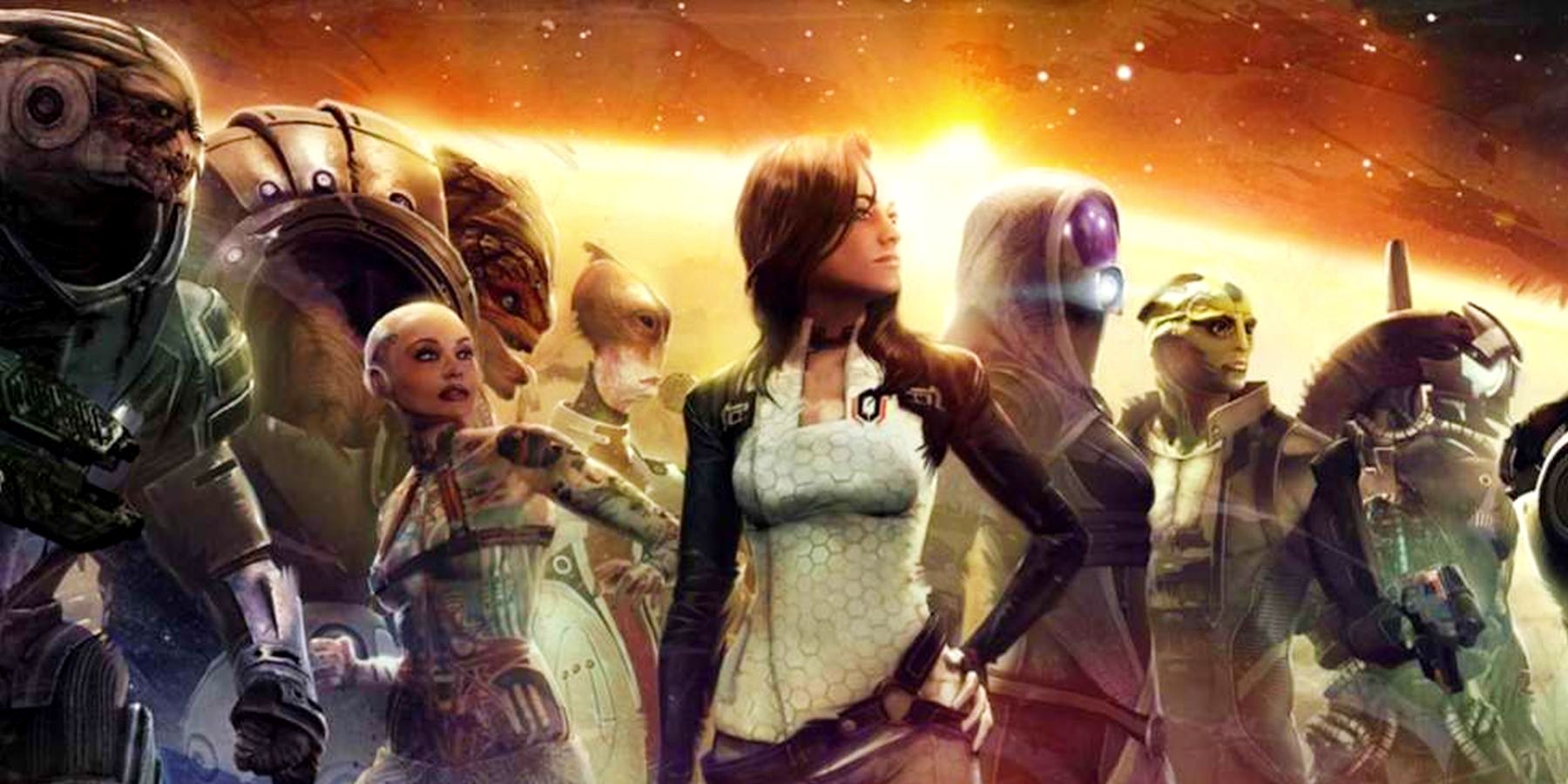 Garrus, Grunt, Jack, Mordin, Miranda, Tali, Thane, and Legion from Mass Effect 2.