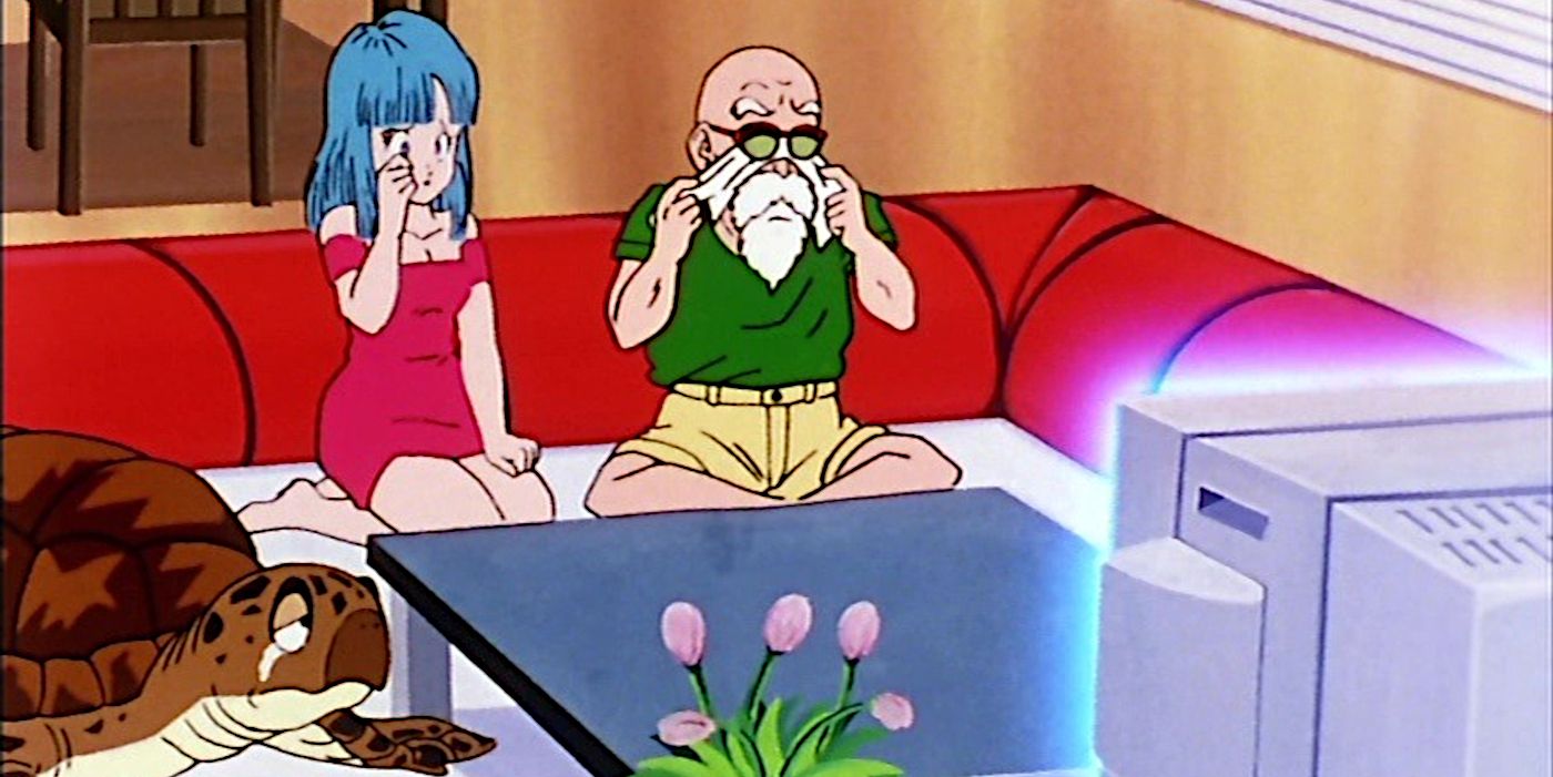 Master Roshi, Marin, and Umigame watching TV in Dragon Ball Z