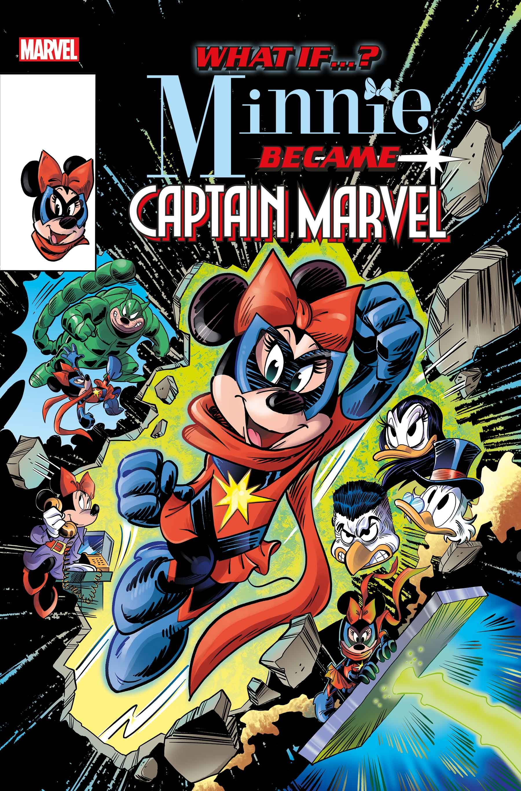 Minnie Mouse como Capitã Marvel voando pelo ar fantasiada