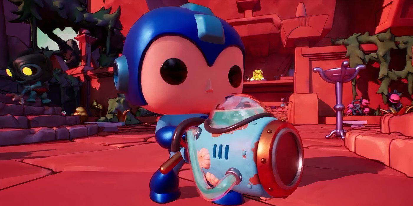 Mega Man em Funko Fusion segurando sua arma no braço