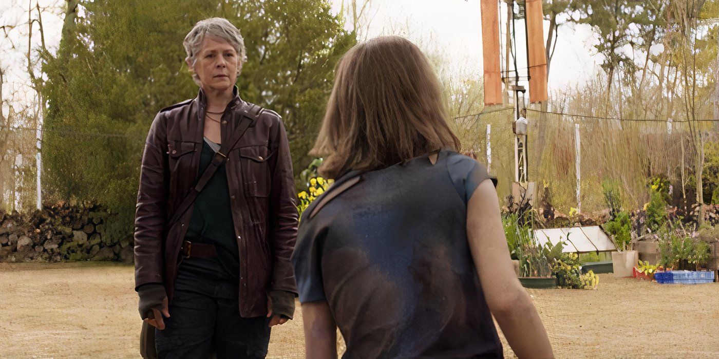 Melissa McBride as Carol looking at zombie Sophia walking towards her in Daryl Dixon season 2