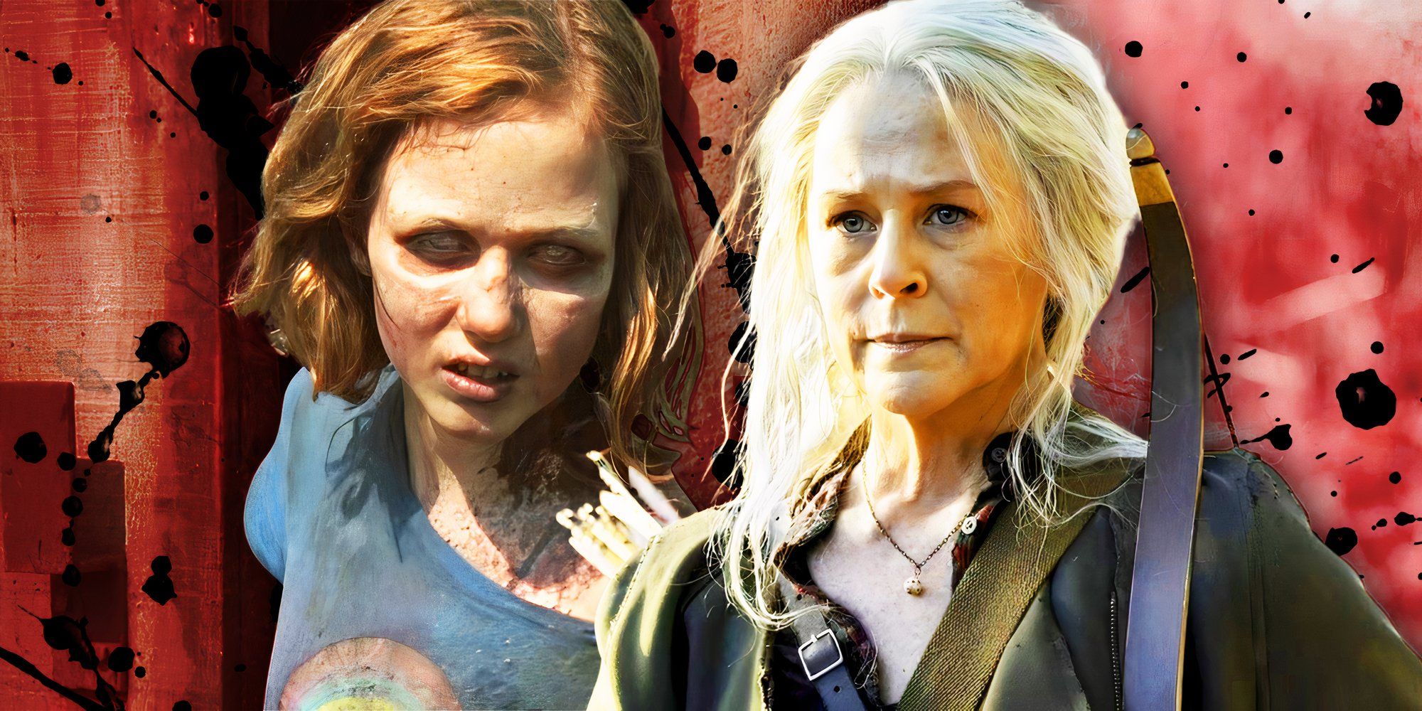 Melissa McBride sebagai Carol Pelletier berambut panjang dan Madison Lentz sebagai Sophia Pelletier versi zombie di The Walking Dead.